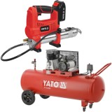 Yato YT-07020 + YT-23320 - Masina de gresat cu 1 acumulator Li-Ion 18 V 3 Ah 620 bar + Compresor cu ulei 2200 W 200 l 360 l/min 10 bar