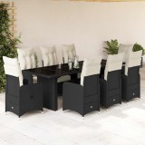 Set bistro de grădină, 9 piese, cu perne, negru, poliratan