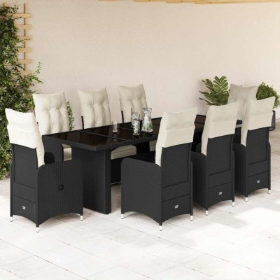 vidaXL Set bistro de grădină, 9 piese, cu perne, negru, poliratan 3277291 foto