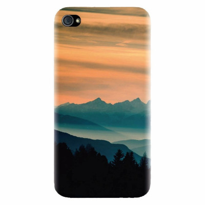 Husa silicon pentru Apple Iphone 4 / 4S, Blue Mountains Orange Clouds Sunset Landscape foto