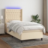 VidaXL Pat cu arcuri, saltea și LED, crem, 90x200 cm, textil