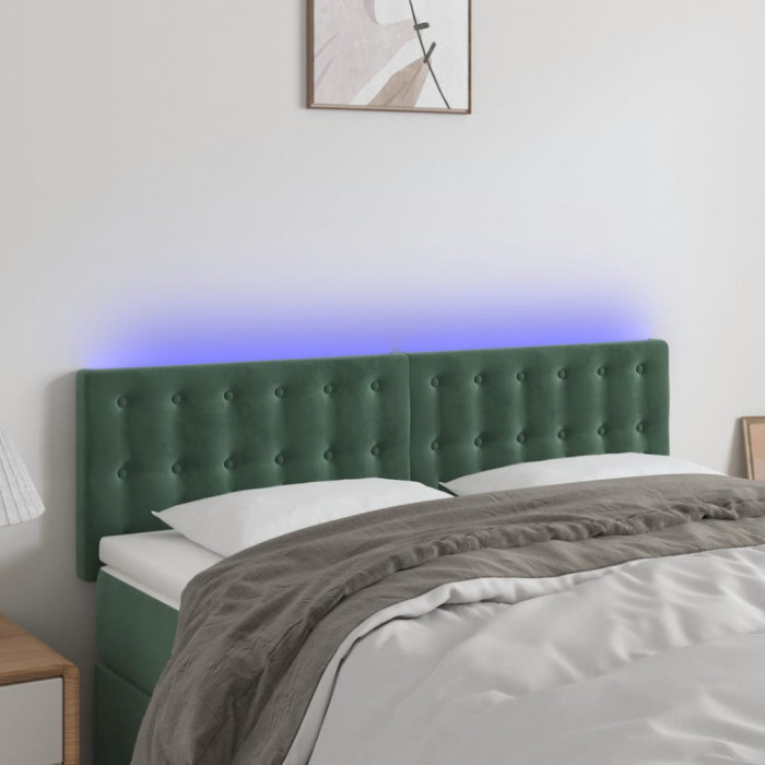 vidaXL Tăblie de pat cu LED, verde &icirc;nchis, 144x5x78/88 cm, catifea