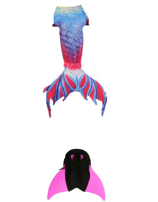 Costum de baie Model Sirena, include si Inotatoarea pentru fixarea cozii, Albastru/Rosu/Alb, 120 cm