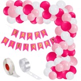 Set aranjament baloane pentru arcada, ghirlanda Happy Birthday, 115 buc, roz si alb
