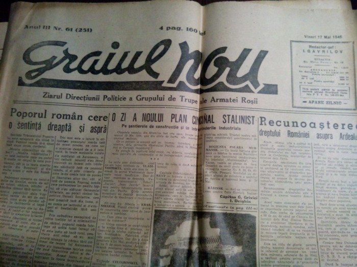 GRAIUL NOU - Ziarul Directiunii Politice ..ale Armatei Rosii - 17 mai 1946, 4 p