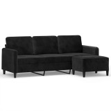 Canapea cu 3 locuri si taburet, negru, 180 cm, catifea