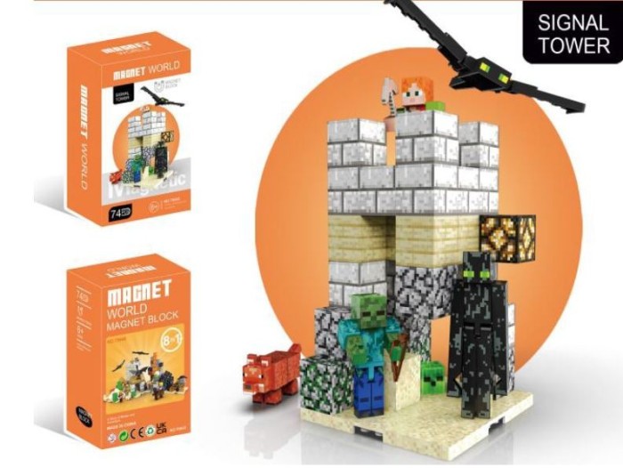 Set Cuburi Constructie Magnetica - Turn de Aparare Pixelat inspirat din Universul Minecraft