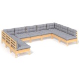 Set mobilier de gradina cu perne gri, 9 piese, lemn masiv pin