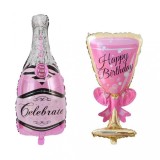 Set 2 baloane din folie metalizata, flippy, tematica aniversare happy birthday, figurine model sticla de sampanie 50 x 108 cm si pahar 48 x 93 cm, roz