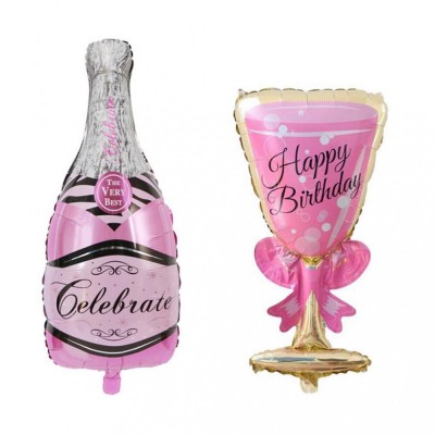 Set 2 baloane din folie metalizata, flippy, tematica aniversare happy birthday, figurine model sticla de sampanie 50 x 108 cm si pahar 48 x 93 cm, roz foto