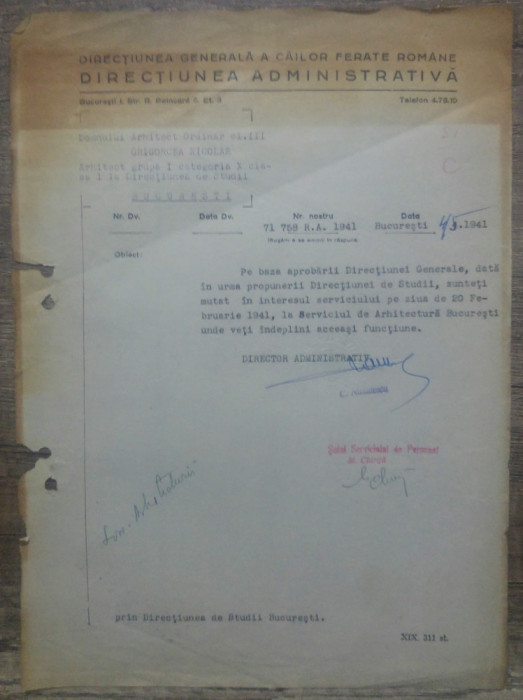 Document mutare la Serviciul de Arhitectura Bucuresti// CFR 1941