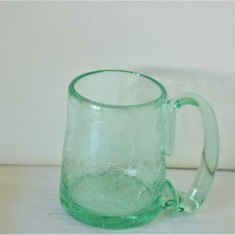 Cana bere (halba) cristal craquelle, aqua-green, anii 40 - Johansfors Suedia