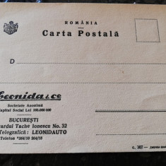 Carte postala interbelica personalizata Leonidas,necirculata,Bucuresti,comp.auto