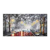 Tablou indragostiti pictat manual living, dormitor, Noi doi sub o umbrela, 140x70cm ulei pe panza in cutit efect 3D