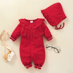 Salopeta rosie cu boneta pentru bebelusi (Marime Disponibila: 12-18 luni