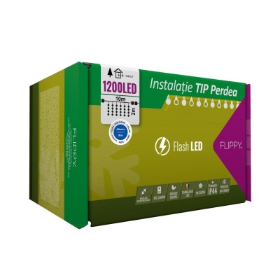 Instalatie craciun, tip perdea, ip44, 10 m x 2 m, 1200 led-uri, albastru, cu flash, transformator, interconectabila, prelungitor 5 m inclus, fir trans foto