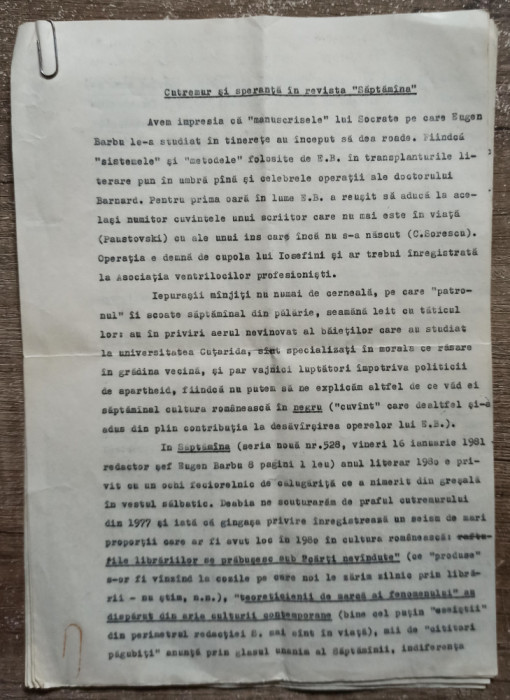 Articol critic la adresa lui Eugen Barbu 1981, semnat in original Mircea Dinescu