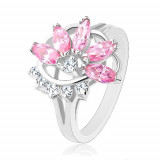 Inel cu brațe lucioase despicate, jumătate de floare roz-transparentă - Marime inel: 52