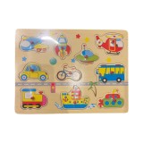 Puzzle Educativ Incastru , stil Montessori, model Mijloace de Transport, Lemn, Multicolor, 30x23 cm