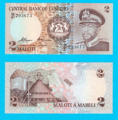 Lesotho (p#4) 2 Maloti 1981 UNC &amp;#039;Basotho Hat&amp;#039; serie: B/81 293673 foto