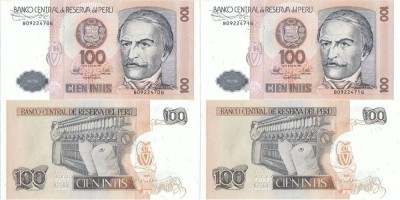 2 &amp;times; 1987 (26 VI), 100 Intis (P-133a) - Peru - stare UNC foto
