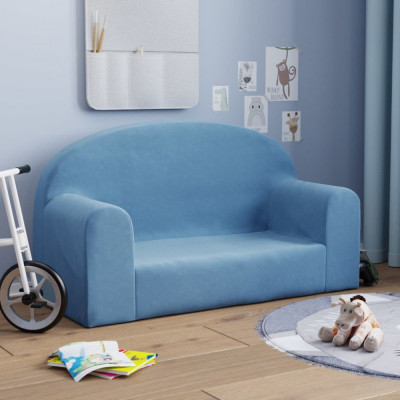 vidaXL Canapea pentru copii cu 2 locuri, albastru, pluș moale foto
