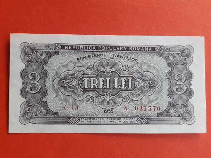 Bancnota 3 lei 1952 serie rosie - UNC