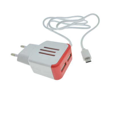 Incarcator la priza Euro, 2 porturi USB, DC 5V 3.1A, LED, cablu 85 cm cu conector microUSB, alb cu rosu foto