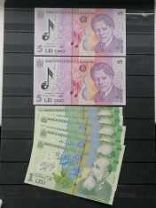 Romania, 2x 5 lei 2019, 6x 1 leu 2023, bancnote necirculate foto