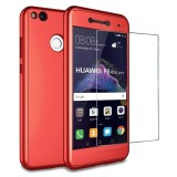 Husa Full Cover 360&deg; (fata + spate + geam sticla) pentru Huawei P9 Lite 2017, rosu