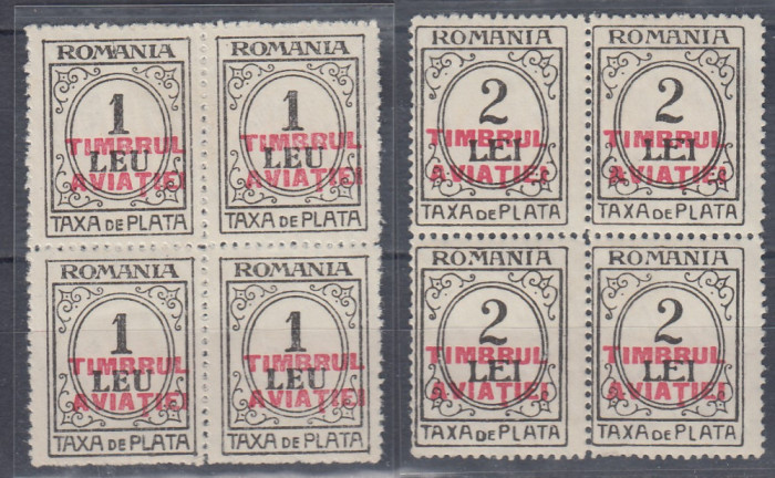 ROMANIA 1931 TAXA DE PLATA CU SUPRATIPAR TIMBRUL AVIATIEI BLOCURI 4 TIMBRE MNH