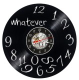 Ceas de perete decorativ realizat din disc de vinil, Model Amuzant cu Cifre Dezordonate, Text Whatever, Negru, 30 cm