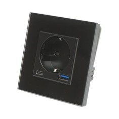 Priza simpla, tip Schuko, cu USB-A si USB-C, incarcare rapida 20 W, rama din sticla, 8.6 x 8.6 x 3.4 cm, negru