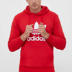 adidas Originals hanorac de bumbac Classics Trefoil Hoodie bărbați, culoarea roșu, cu glugă, cu imprimeu IM4497