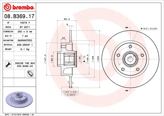 BREMBO 08.B369.17 PRIME LINE - With Bearing Kit Disc frana