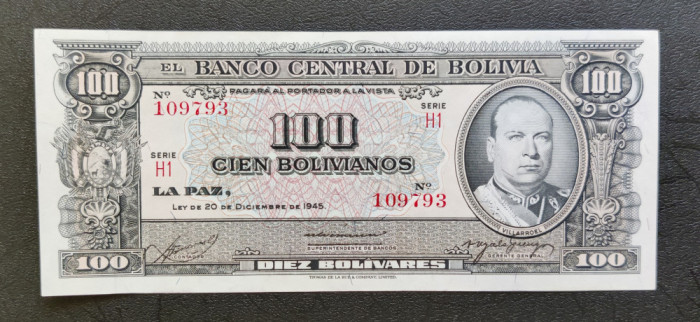 Bolivia - 100 Bolivianos (1945) Black and multicolor. G. Villarroel