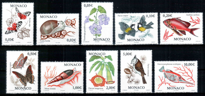 Monaco 2002, Mi #2573-2582**, fauna, flora, pasari, pesti, MNH, nominal 18,88 &euro;!