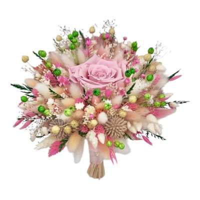 Buchet flori naturale uscate si trandafir criogenat XL, personalizabil, ideal pentru cununie civila, nunta, mireasa sau cadou, alb-roz foto
