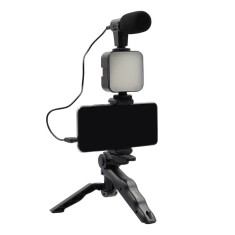 Set pentru vloguri 4 in 1 cu microfon, lampa LED, trepied si suport de telefon