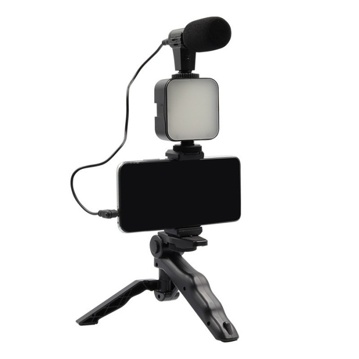 Set pentru vloguri 4 in 1 cu microfon, lampa LED, trepied si suport de telefon