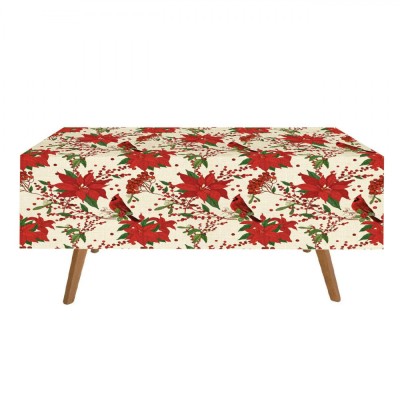 Fată de Masă Decorativă Crăciun, Ecru, Flori Crăciunițe, 180x140cm, Plastic PEVA foto