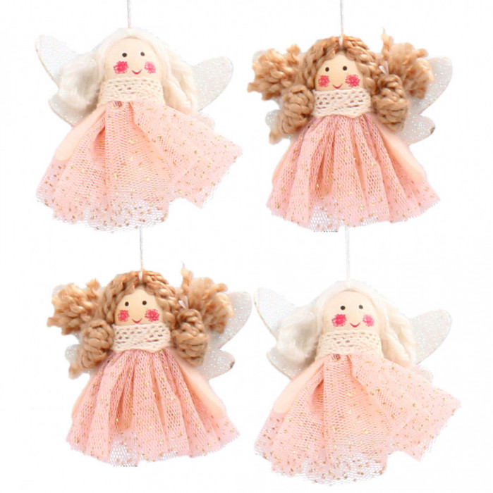 Komplet ozd&oacute;b świątecznych aniołki w r&oacute;żowych sukienkach (4 sztuki)