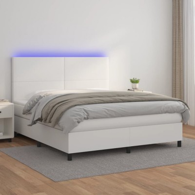 vidaXL Pat cu arcuri, saltea și LED, alb, 180x200 cm, piele ecologică 3135838 foto