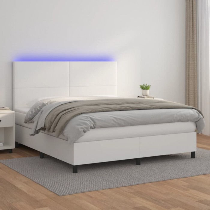 vidaXL Pat cu arcuri, saltea și LED, alb, 180x200 cm, piele ecologică 3135838