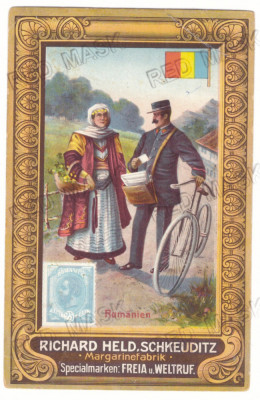 4113 - Stamp King CAROL I, Postman, Flag, Bike, Romania - old postcard - unused foto