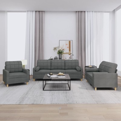 vidaXL Set de canapele cu perne, 3 piese, gri &amp;icirc;nchis, textil 3201259 foto