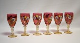 Set șase pahare pentru vin din sticla rubin pictate cu email - anii 1970