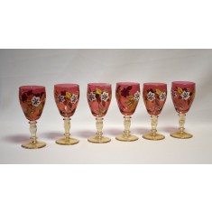 Set șase pahare pentru vin din sticla rubin pictate cu email - anii 1970