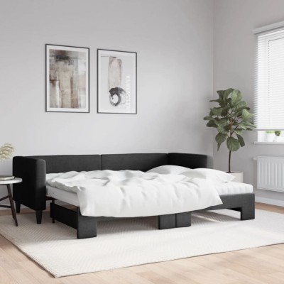 vidaXL Pat de zi cu extensie și saltele, negru, 80x200 cm, textil 3196593 foto