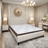 Pat matrimonial Erzon Hydraulic, elemente lemn masiv, spatiu depozitare, tapitat cu stofa, somiera rabatabila,160x200 cm, crem